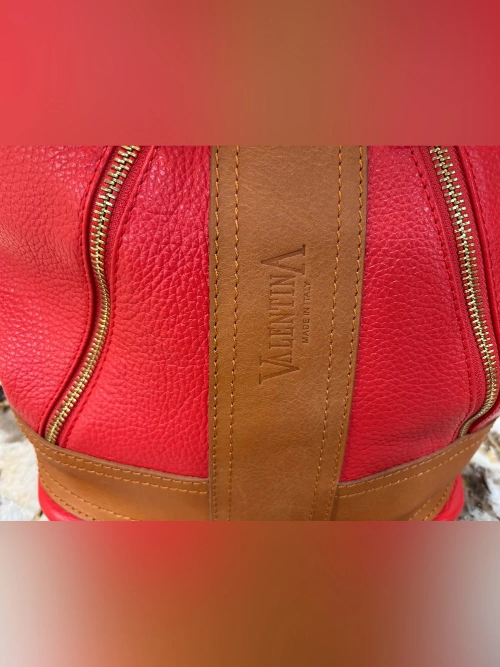 Valentina Coral Orange  and Tan Leather Tote with Gold Hardware